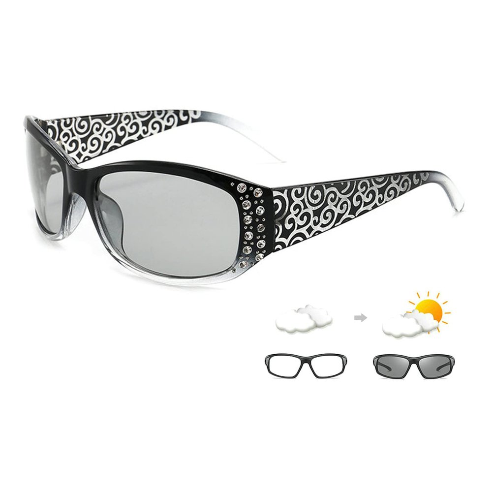 Transition Photochromic Bifocal Reading Glasses for Women round Bling Rhinestone reading Glasses Crystal Colorful Frame (black, 3.25, multiplier_x)