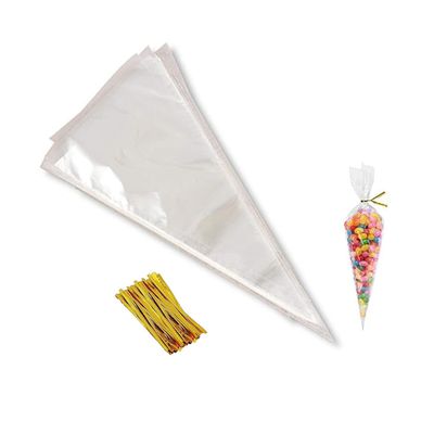 Dzrige 100 Pieces Transparent Cone Bags Clear Treat Bags with Gold Twist Ties Plastic Triangle Bags for Easter Christmas Wedding Decoration Cookies Candy Chocolates Popcorn Craft Gifts - 5.1" x 9.8"