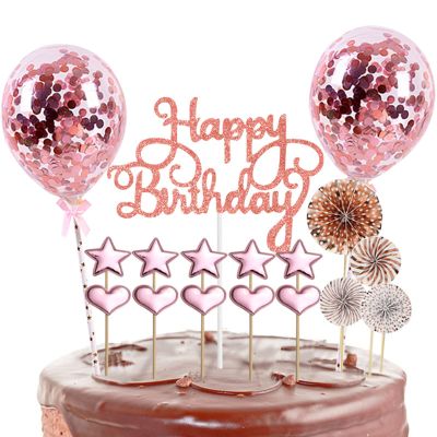 Happy Birthday Cake Topper- 11 Pack Birthday Cake Decorations Set Confetti Balloon Stars Heart Cupcake Toppers and Paper Fans Party Supplies for Girls Women Kids (Rose Gold)