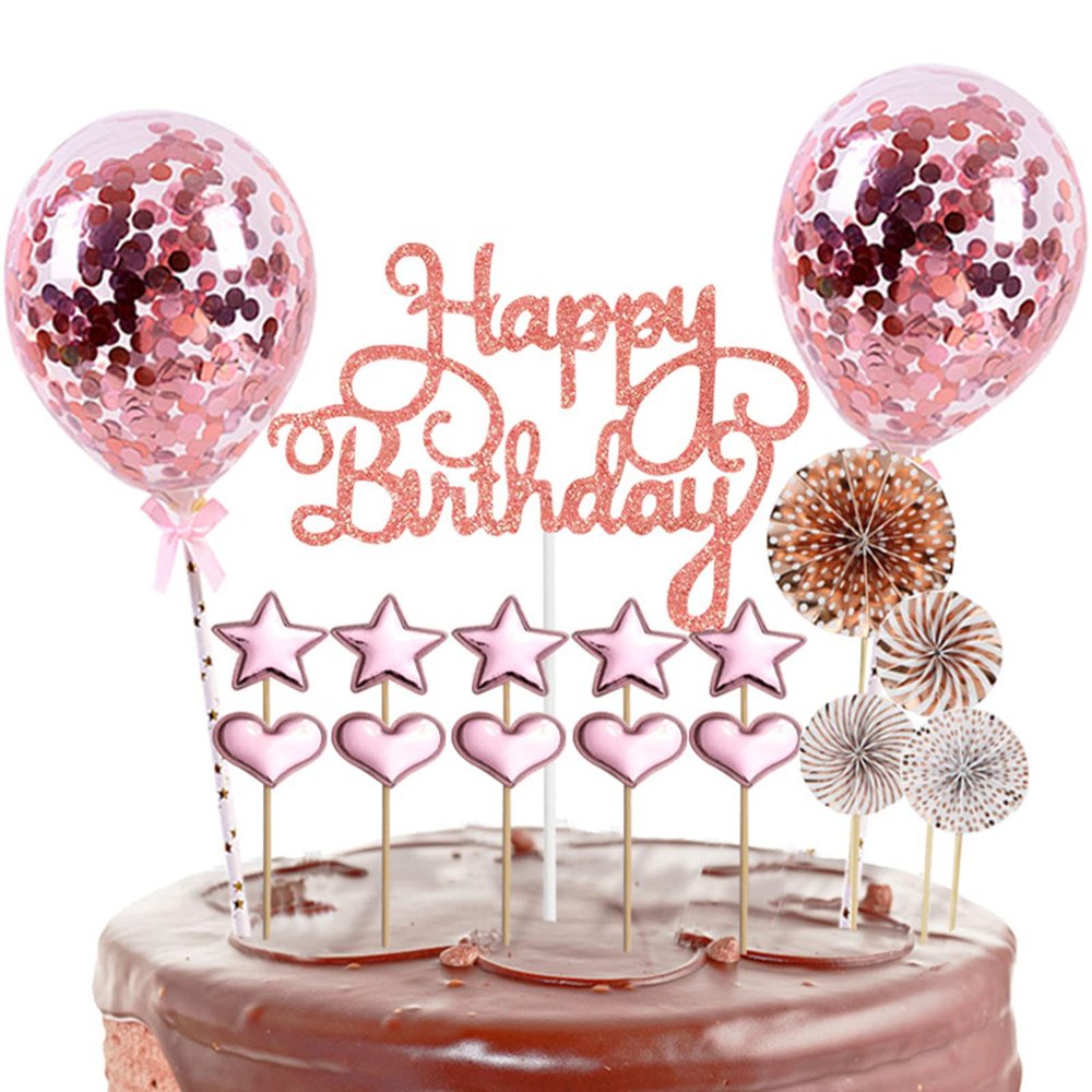 Happy Birthday Cake Topper- 11 Pack Birthday Cake Decorations Set Confetti Balloon Stars Heart Cupcake Toppers and Paper Fans Party Supplies for Girls Women Kids (Rose Gold)