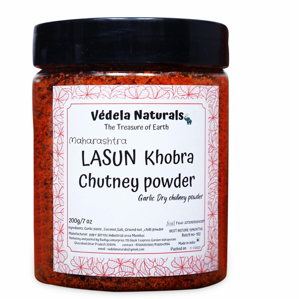 VDELA Naturals -Garlic Coconut Chutney, 200g / 7oz | Maharashtrian Lasun Khobra Chutney | Lahsun ki Chatni | Dry Garlic Chutney | Vada Pav Chutney | 200grm | 7oz
