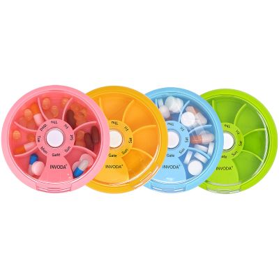 4PCS Pill Box 7 Day Travel Medicine Organizer Weekly Pill Container Rotating Pill Organizer Round Cute Pill Case Fish Oil Vitamins Holder (4 PCS)
