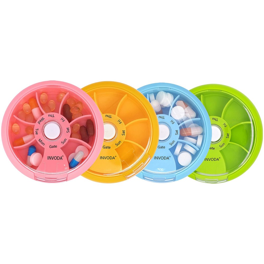 4PCS Pill Box 7 Day Travel Medicine Organizer Weekly Pill Container Rotating Pill Organizer Round Cute Pill Case Fish Oil Vitamins Holder (4 PCS)