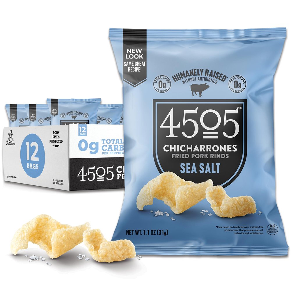 4505 Sea Salt Seasoned Chicharrones, Fried Pork Rinds - Sea Salt Flavored Pork Skins - Low Carb, Gluten-Free, Protein Snack - 1.1oz (Pack of 12)
