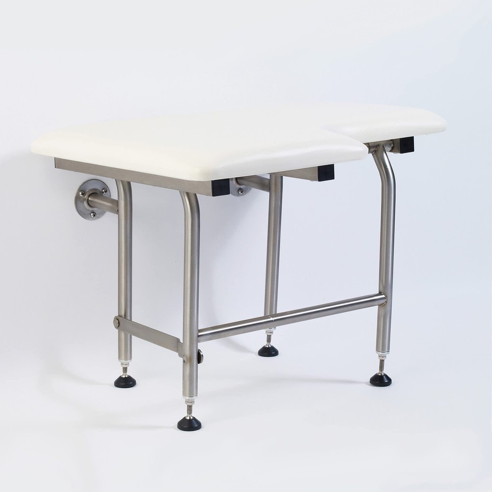 Padded Folding Shower Seat with Legs - Wall Mount Bench for Inside Shower / Bathroom Assist / 304 Stainless Steel / Marine Vinyl / Right / 26" x 21"