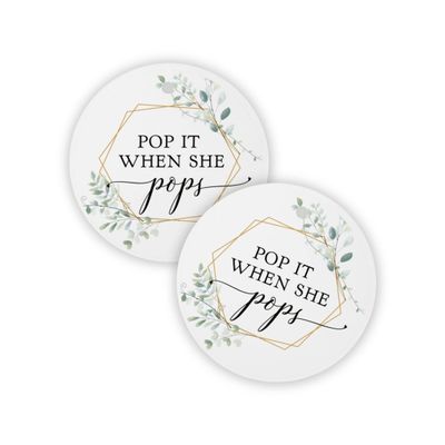 Pop It When She Pops Champagne Tag | 30 Pack | 2.5" inch Circle with Pre-Cut Hole | Baby Shower Tag | Gold Wreath with Greenery Design for Baby Shower
