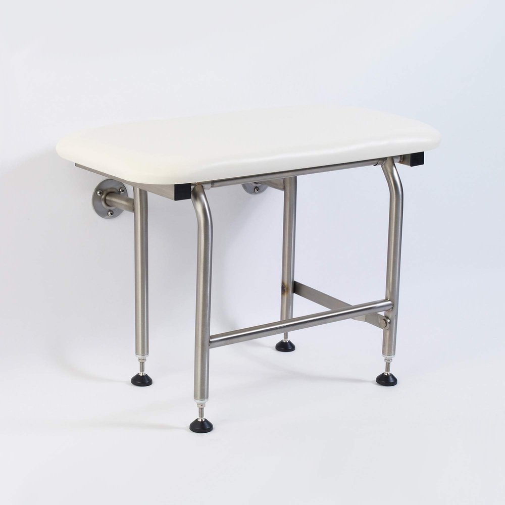 Padded Folding Shower Seat with Legs - Wall Mount Bench for Inside Shower / Bathroom Safety Assist / 304 Stainless Steel / Marine Vinyl / 26" x 16"
