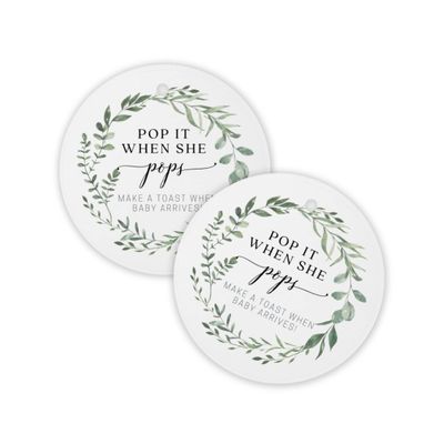 Lashicorn Champagne Tag, 30 Pack - 2.5'' Round Tag with Pre-Cut Hole - Baby Shower Party Favor Tag - White with Greenery Design
