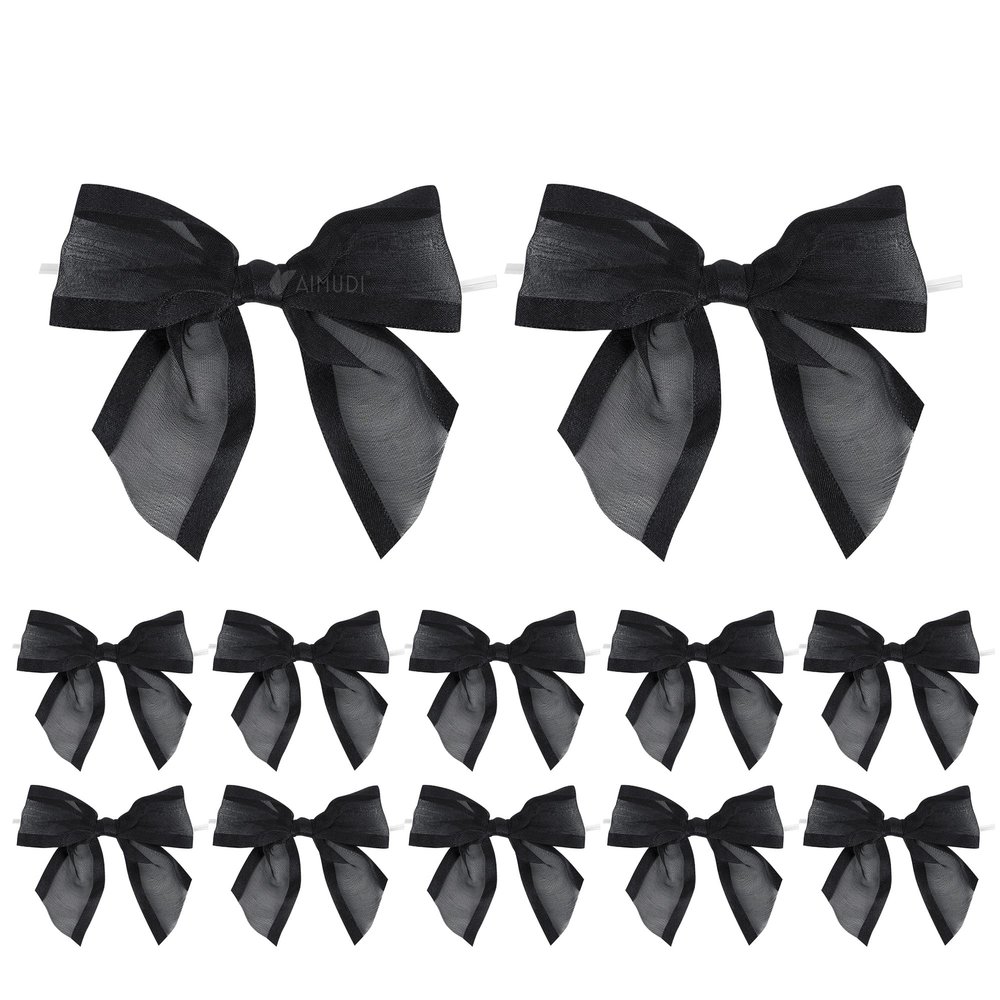 AIMUDI Black Bows for Crafts 4" Organza Bows Premade Twist Ties Bows for Gift Wrapping Treat Bags Baskets Cake Pop Baby Shower Birthday Wedding Decor - 12 Counts