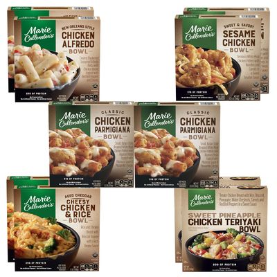 Marie Callender's Party Bowls - New Orleans Style Chicken Alfredo - Sweet Sesame Chicken - Cheddar Cheesy Chicken & Rice Bowl - Sweet Pineapple Chicken Teriyaki - Classic Chicken Parmigiana - 10 Pack