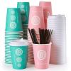 JollyPack 12 oz 100 Pack Paper Coffee Cups with Lids and Stirrers in Pink and Green. Great for Coffee, Juice, Tea, Home Use, Store and Cafe view 1