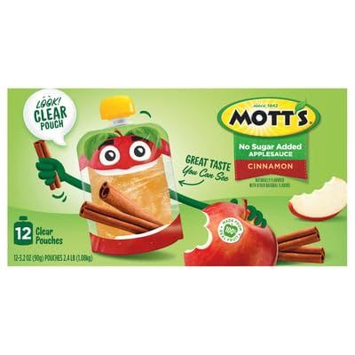 Mott's No Sugar Added Cinnamon Applesauce, 3.2 oz clear pouches, 12 pack