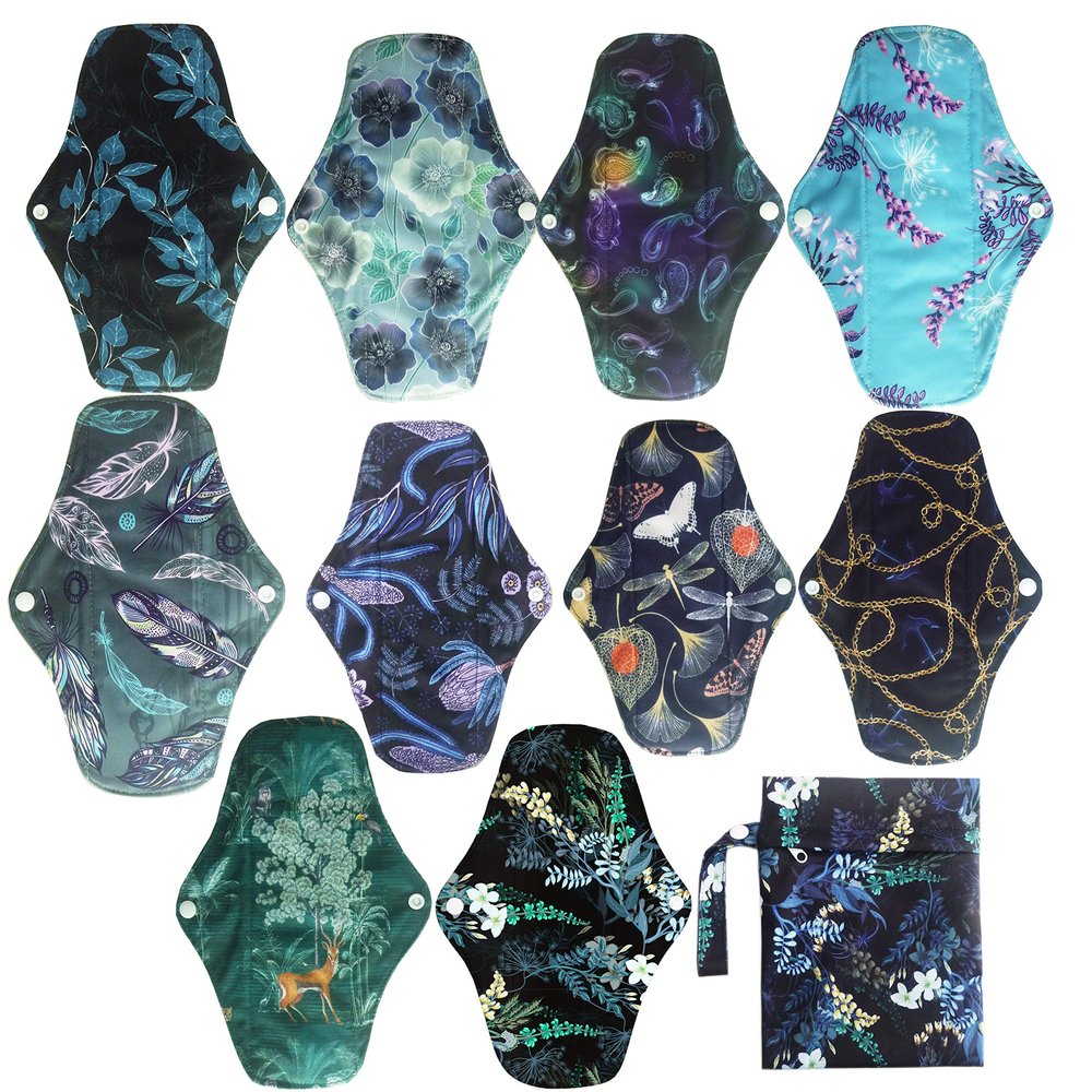 10PCS 10 Inch Regular Reusable Washable Charcoal Bamboo Cloth Mama Menstrual Sanitary Pad+1PC Wet Bag