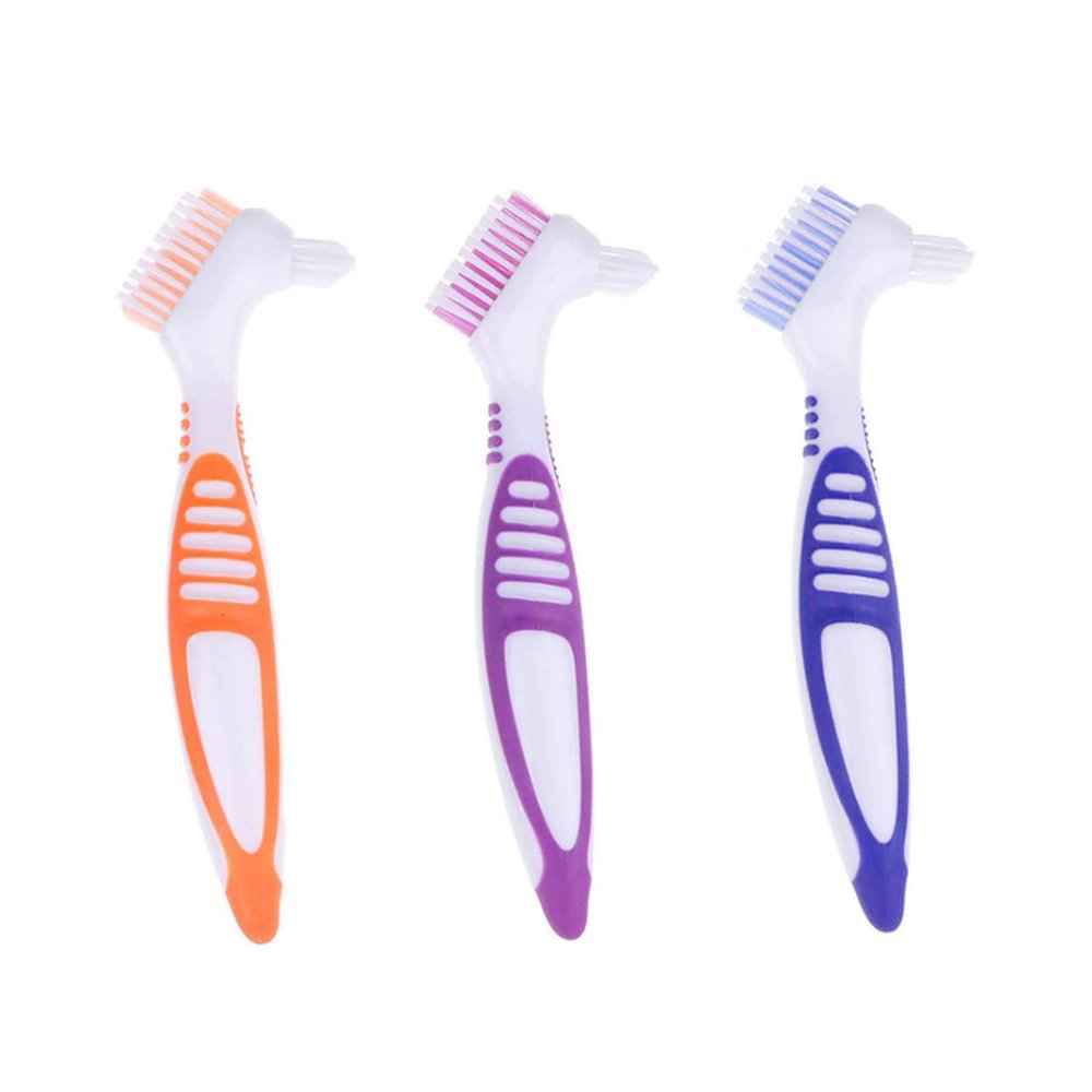 FRUTA 3 Pcs Denture Cleaning Brushes False Teeth Cleaning Brush Denture Double Sided Brush Multi-Layered Bristles Brush Portable Brush for False Teeth, 3 Colors