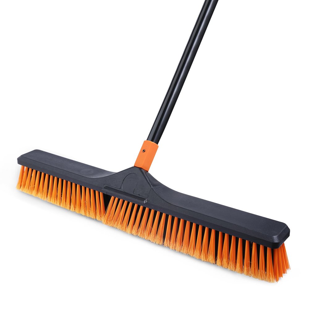 CLEANHOME 24Push Broom Brush for Floor Cleaning with 65 Long Handle and Stiff Bristles, Heavy Duty Brush for Shop, Deck, Garage, Concrete,Indoor and Outdoor Broom,Orange