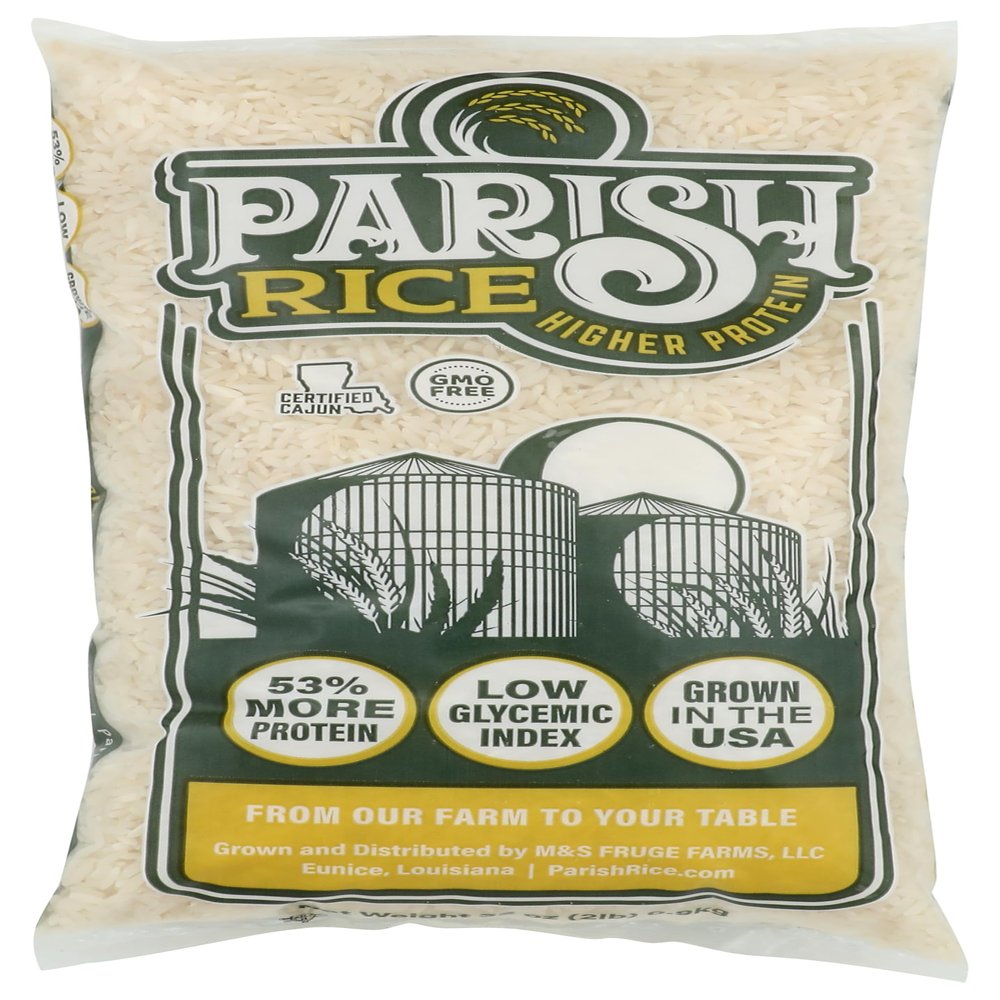 Parish White Rice  High-Protein Rice with Low Glycemic Index  Locally Grown Long-Grain White Rice  Made in the USA  Rich Nutrient Content  Ideal for Curry, Desserts, Stir-Fry  2lb Bag