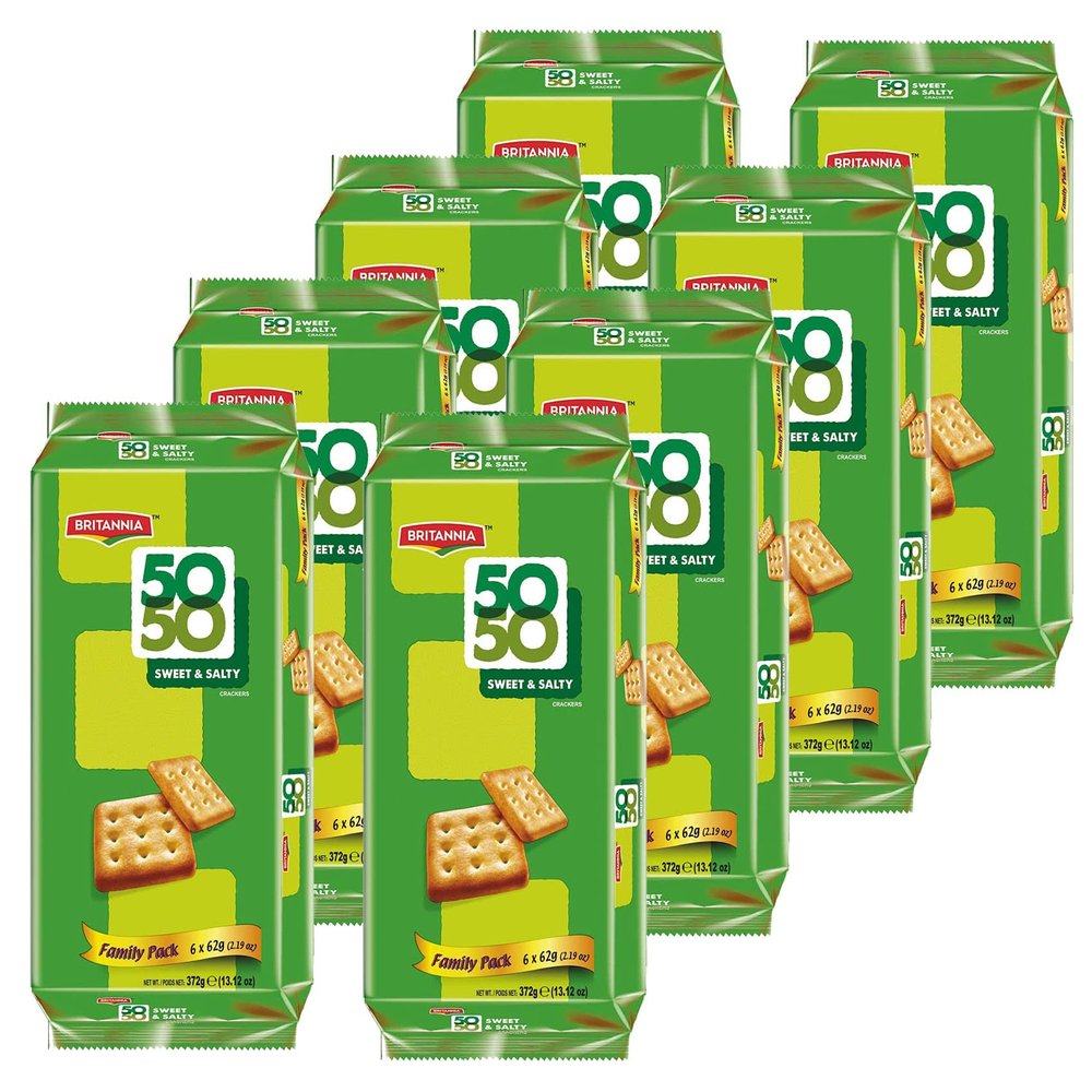 Britannia Crackers 50 50 Sweet and Salty Biscuit 13.12oz (372g) - Delicious, Light & Crispy Grocery Cookies - Best Treat for Friends & Family (Pack of 8)