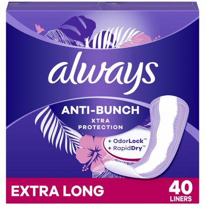 Always Anti-Bunch Xtra Protection Daily Liners Extra Long Unscented, Anti Bunch Helps You Feel Comfortable, 40 Count