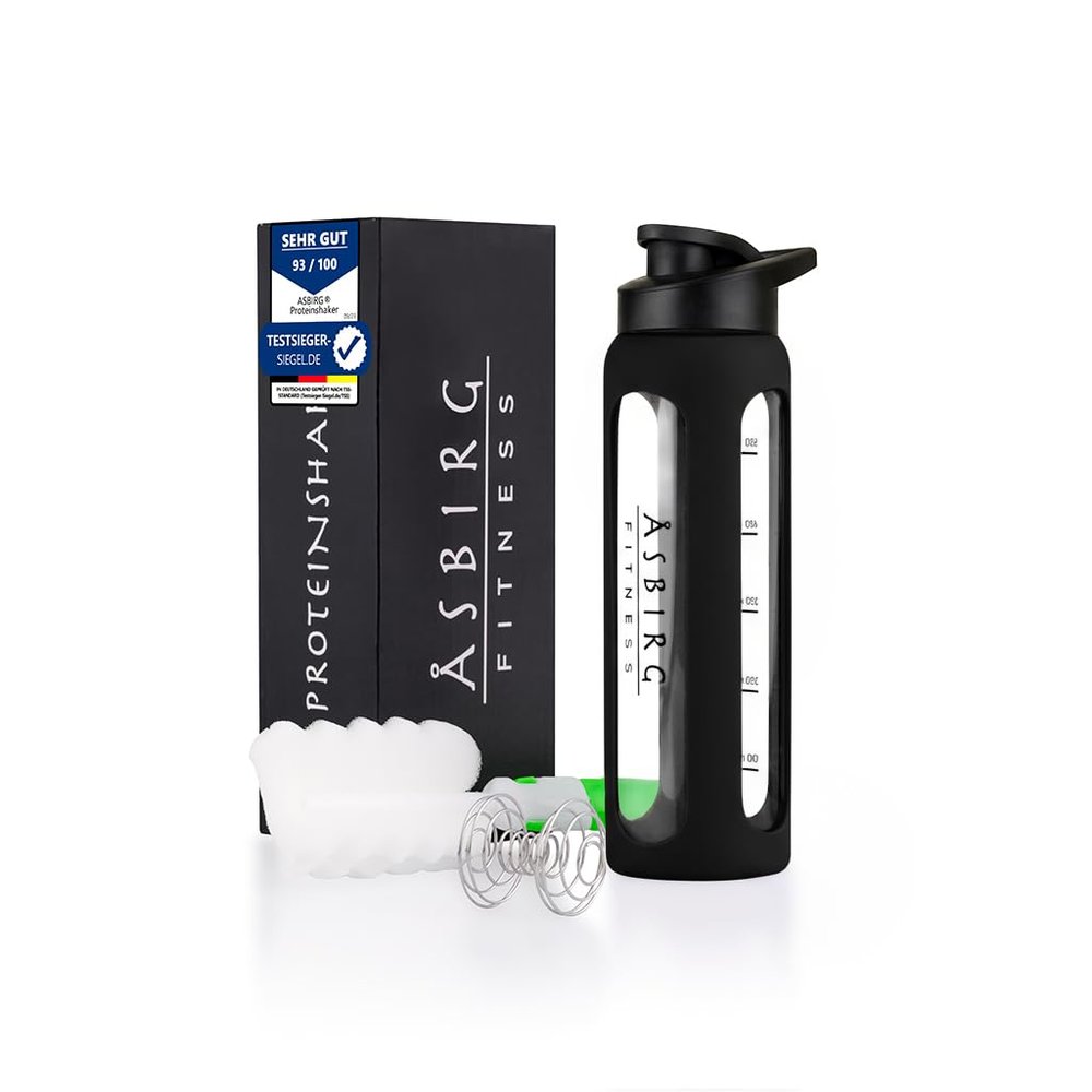 Asbirg Fitness | 24 oz Glass Protein Shaker Bottle  BPA-Free, Leakproof Lid, Stainless Steel Mixing Ball & Silicone Sleeve  Gym Shaker for Smoothies, Shakes & Pre-Workout  Black