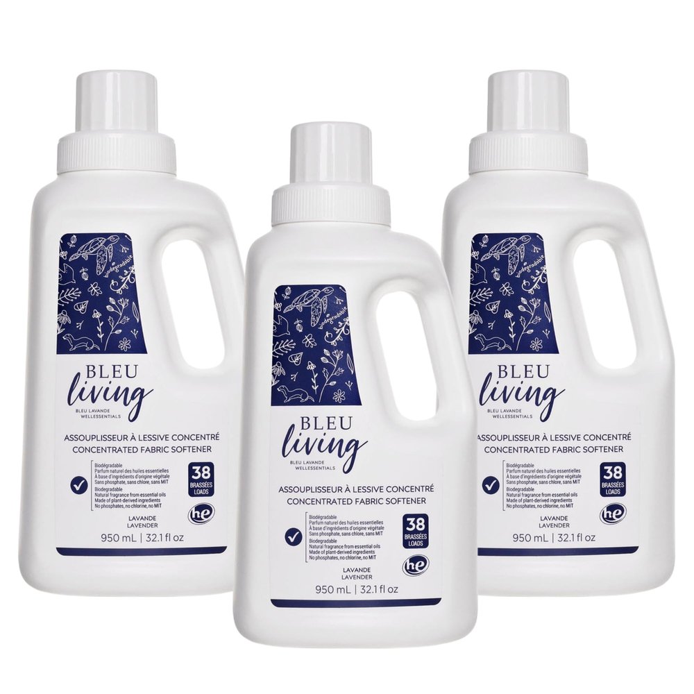Bleu Lavande - 3-Pack Natural Fabric Softener  Concentrated Lavender Liquid Softener - Biodegradable, Eco-friendly, Hypoallergenic - Chloride & Phosphate-free - Aromatherapy - (38 loads-950 ml) x3