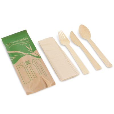 Natural Dinner Party Catering Bamboo Veneer Utensil 4pc Set - Spoon, Fork, Knife, Napkin - Bagged - 10 Sets