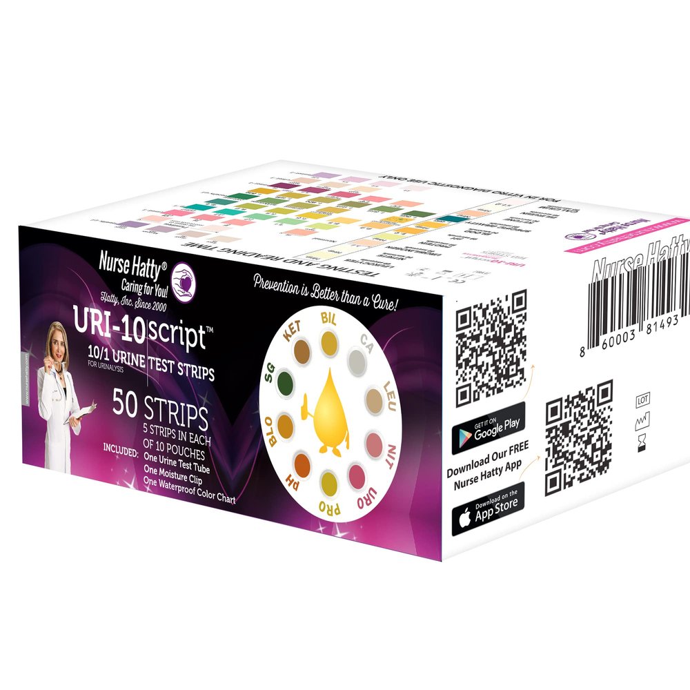Nurse Hatty - 50ct. Kit - 10 Parameter Urine Test Strips (5ct. X 10 Packs) for Leukocytes, Nitrites, Protein, pH, Ketone, Bilirubin, Calcium & More! Test Tube, Moisture Clip & Waterproof Chart Incl.