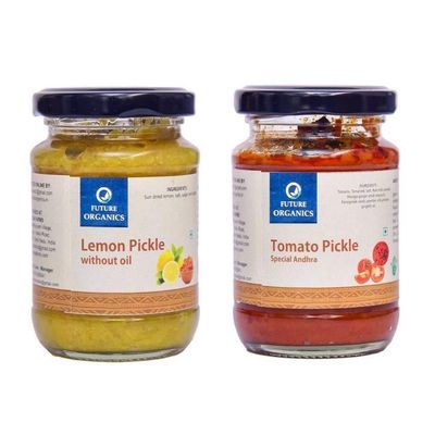 A.K. Future Organics Andhra Lemon Without Oil Pickle + Future Organics Tomato Andhra Pickle - 160 Grams Each Combo Pack