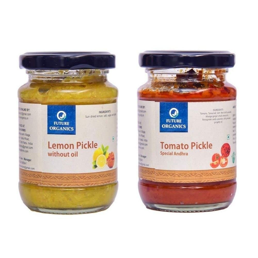A.K. Future Organics Andhra Lemon Without Oil Pickle + Future Organics Tomato Andhra Pickle - 160 Grams Each Combo Pack