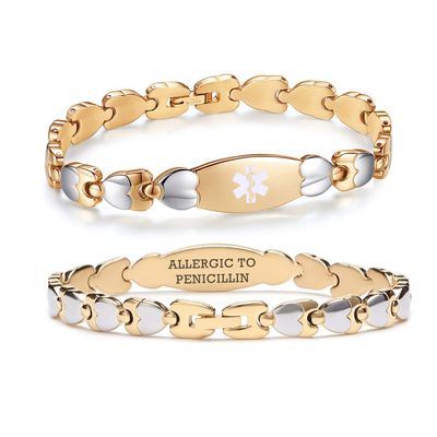 LinnaLove Double Heart Medical alert Bracelet for Women 7 1/2 inches Gold Stainless steel Medical alert bracelets for allergy to penicillin