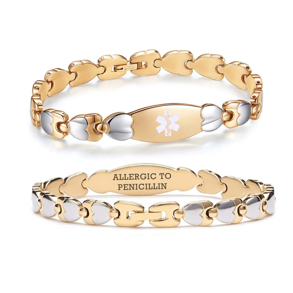 LinnaLove Double Heart Medical alert Bracelet for Women 7 1/2 inches Gold Stainless steel Medical alert bracelets for allergy to penicillin