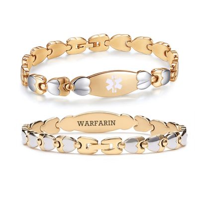 LinnaLove Double Heart Medical alert Bracelet for Women 7 1/2 inches Gold Stainless steel Medical alert bracelets for warfarin