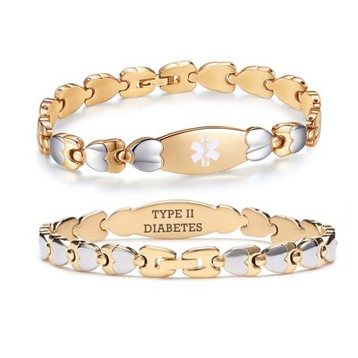 LinnaLove Double Heart Medical alert Bracelet for Women 7 1/2 inches Gold Stainless steel Medical alert bracelets for Type 2 Diabetes