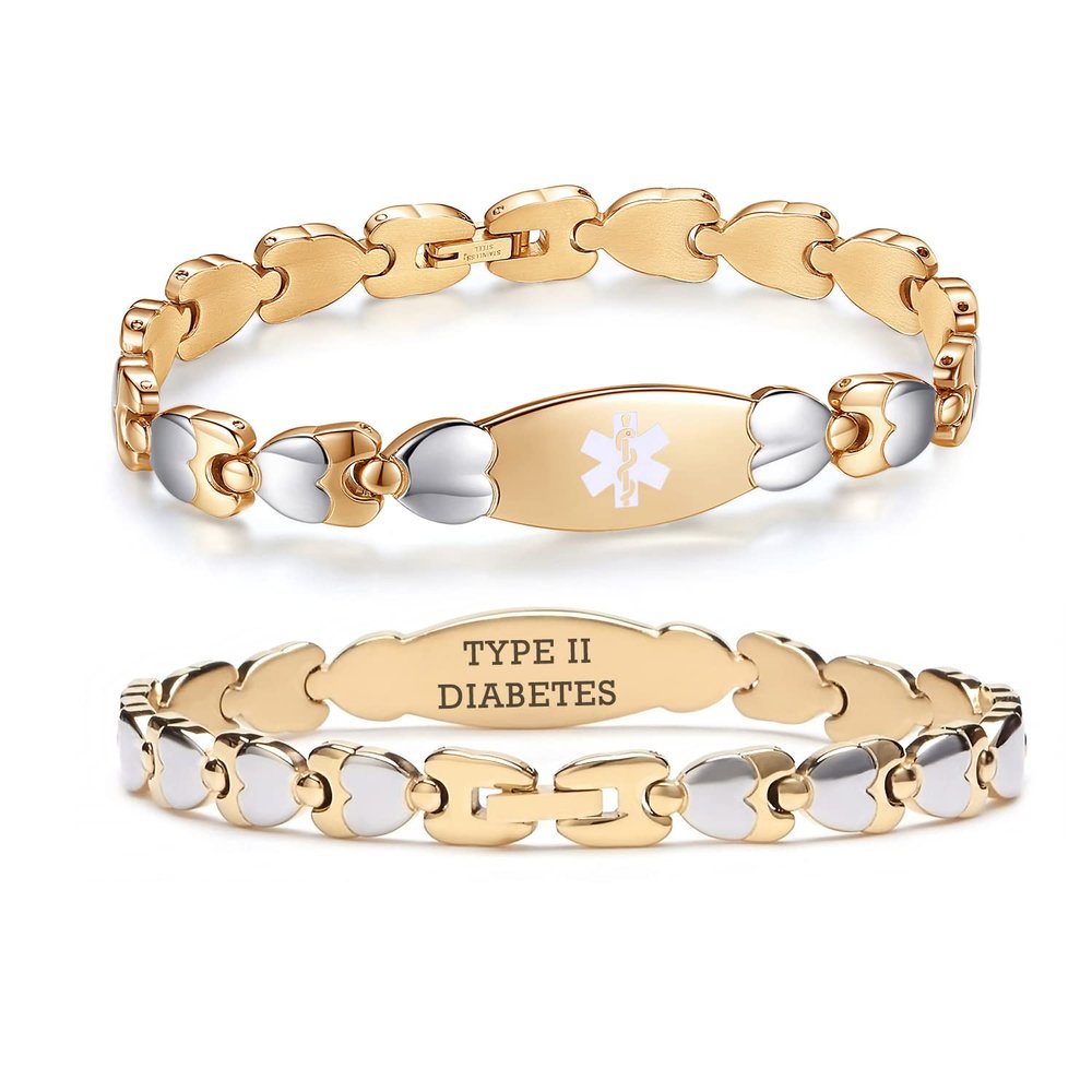 LinnaLove Double Heart Medical alert Bracelet for Women 7 1/2 inches Gold Stainless steel Medical alert bracelets for Type 2 Diabetes