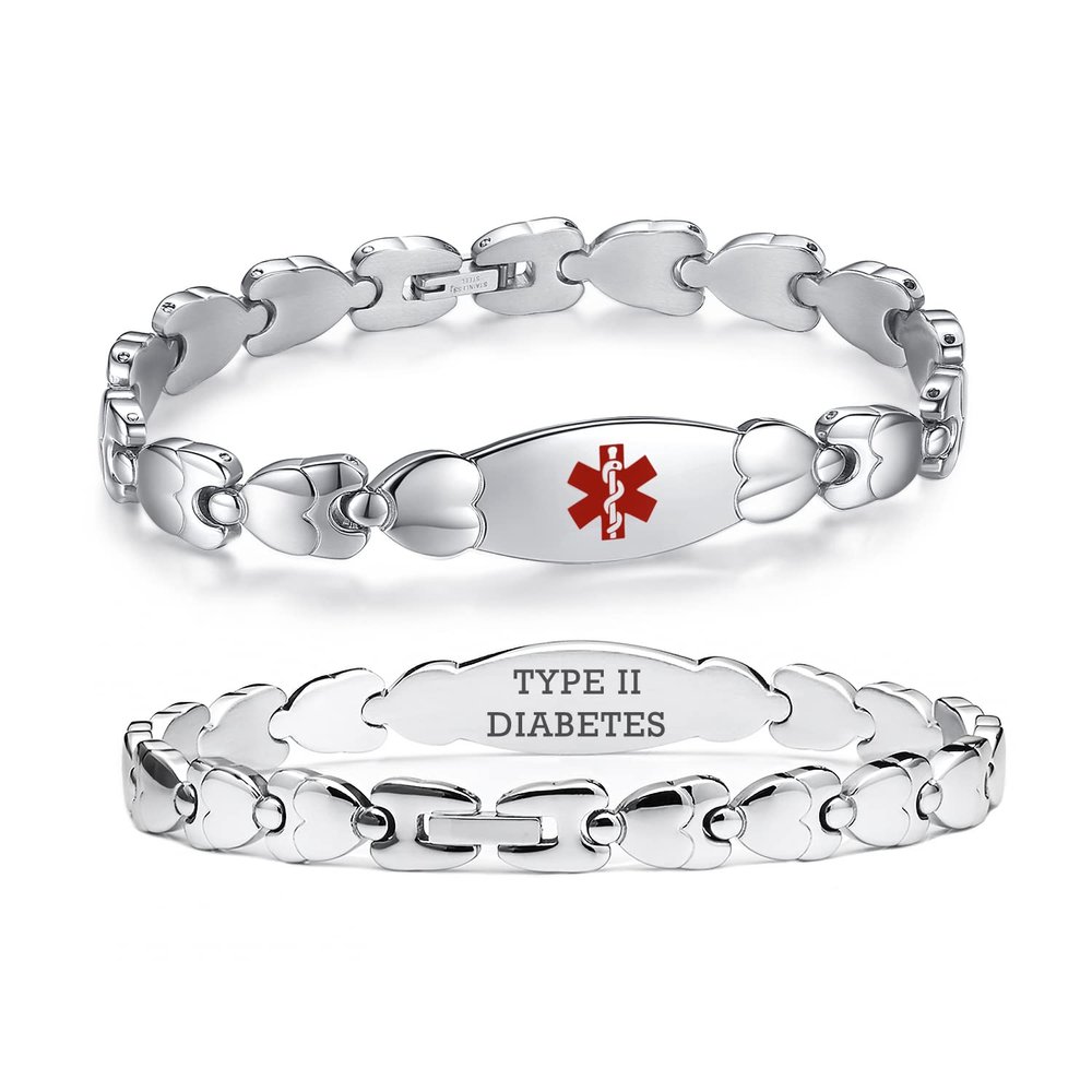 LinnaLove Double Heart Medical alert Bracelet for Women 7 1/2 inches Stainless steel Medical alert bracelets for Type 2 Diabetes