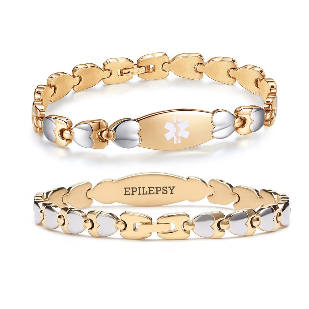 LinnaLove Double Heart Medical alert Bracelet for Women 7 1/2 inches Gold Stainless steel Medical alert bracelets for epilepsy