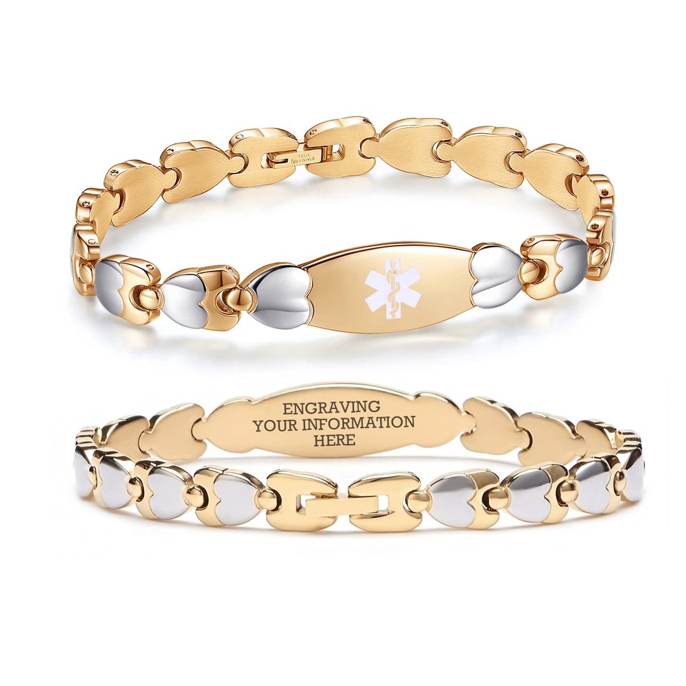 LinnaLove Double Heart Medical alert Bracelet for Women 7 1/2 inches Gold Stainless steel Medical alert bracelets with Free Customize engraving