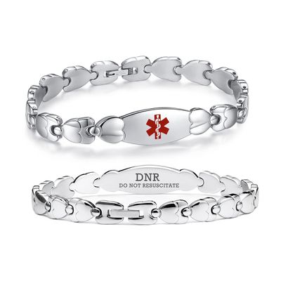 LinnaLove Double Heart Medical alert Bracelet for Women 7 1/2 inches Stainless steel Medical alert bracelets for do not resuscitate