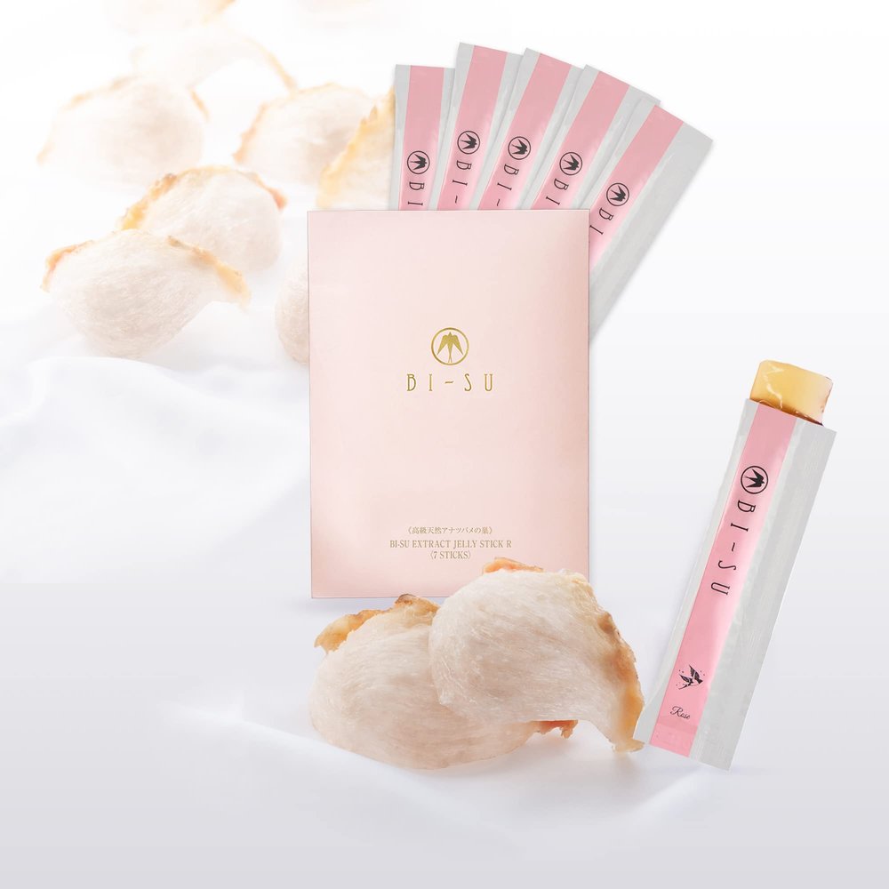 BI-SU Bird's Nest Essence Collagen Jelly Stick with Vitamin C, Fish Collagen Peptides, Anti Aging, Maintain Skin Elasticity, Immunity Support, Japan Beauty Skin Care Secret, Rose Flavor, 7 PCS