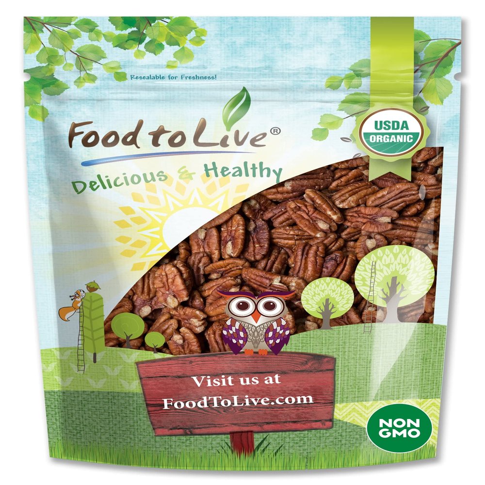 Food to Live Organic Dry Roasted Pecan Halves, 8 Ounces  Non-GMO, Unsalted Nuts, Oven Roasted, No Oil Added, Vegan, Kosher, Shelled, Bulk. Good Source of Protein and Fiber. Great Keto-Friendly Snack