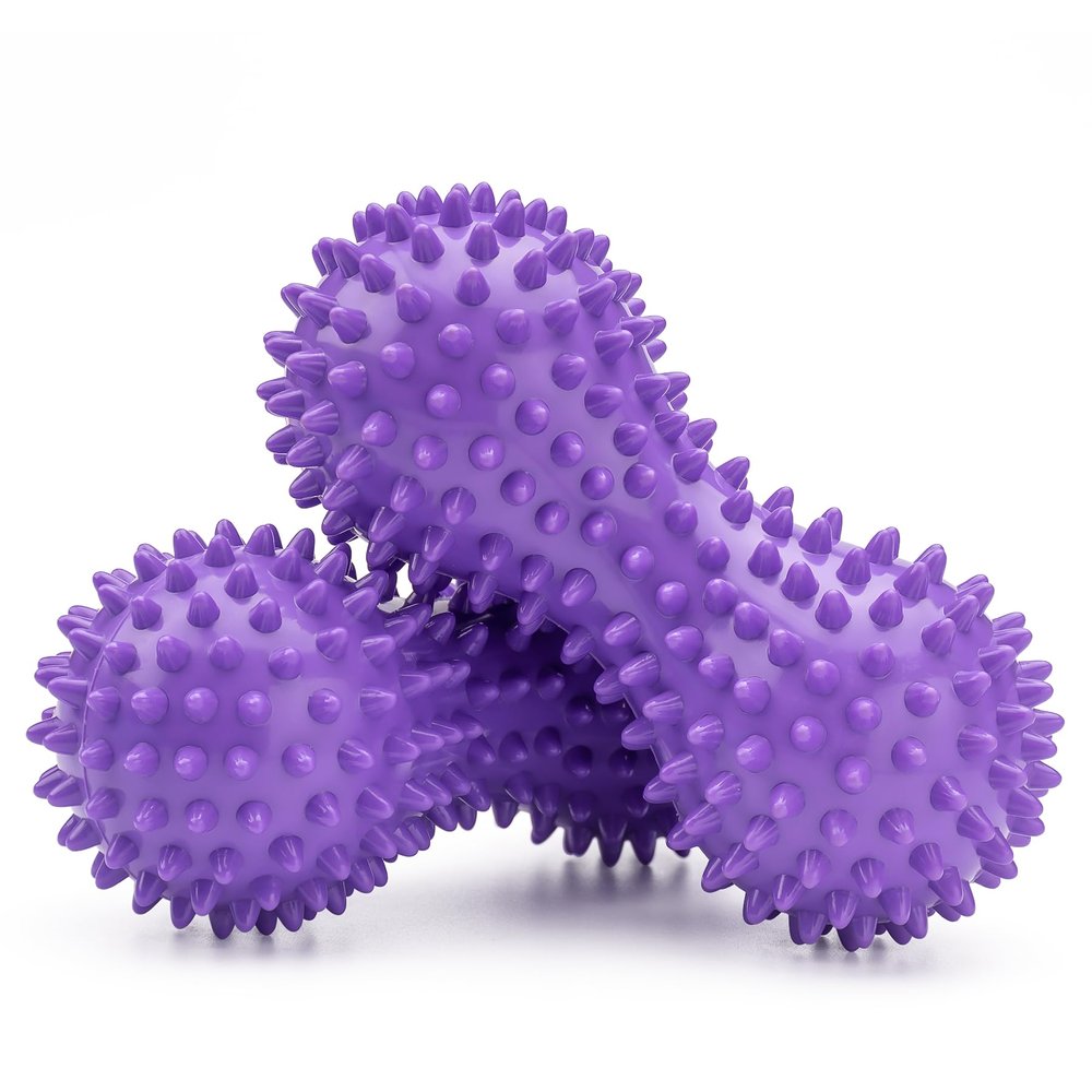 Famgee Peanut Shape PVC Hard Spiky Massage Ball Trigger Point Deep Tissue Massaging Hand Foot Massager Roller Ball Tension Muscle Relax - 2 Pack, Purple (Purple)