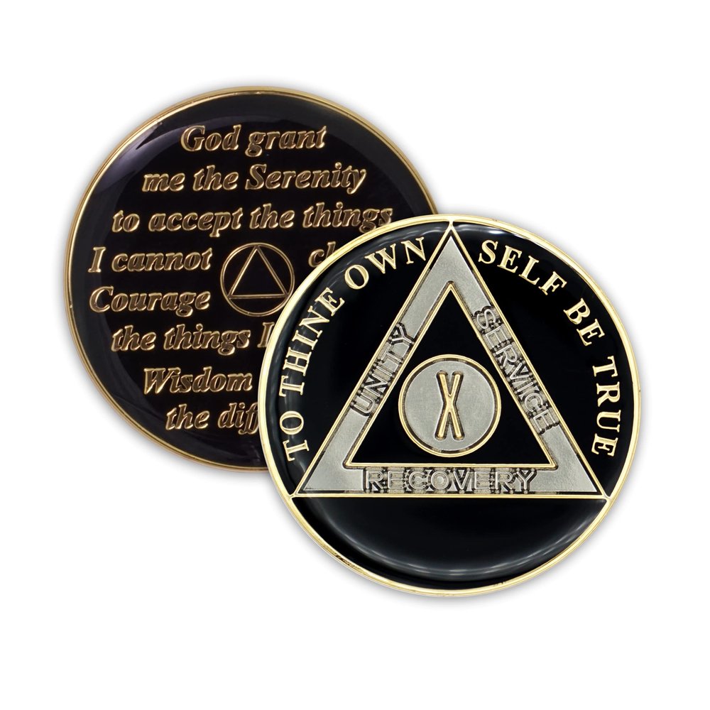 10 Year Sobriety Coin | Triplate AA Chip Recovery Anniversary Token (Black)