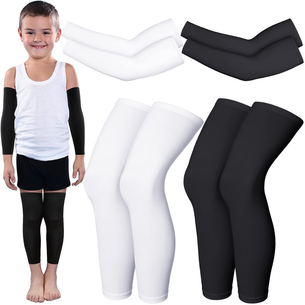 4 Pairs Kids Arm Sleeves for Basketball Kids Long Compression Leg Sleeves and Arm Sleeves Youth Basketball Leg Sleeves(Black and White,Large)
