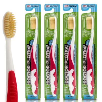 MOUTHWATCHERS Soft Flossing Toothbrushes, Value Pack of 4, Red, Manual Toothbrush for Adults, Ultra Clean, Good for Sensitive Teeth and Gums, by Dr. Plotka's