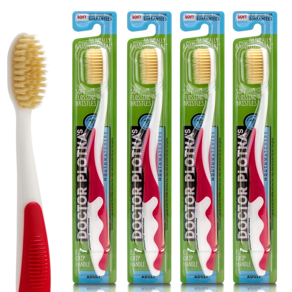 MOUTHWATCHERS Soft Flossing Toothbrushes, Value Pack of 4, Red, Manual Toothbrush for Adults, Ultra Clean, Good for Sensitive Teeth and Gums, by Dr. Plotka's