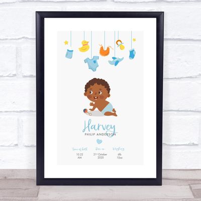 New Baby Birth Details Christening Nursery Dark Skin Afro Boy Gift Print