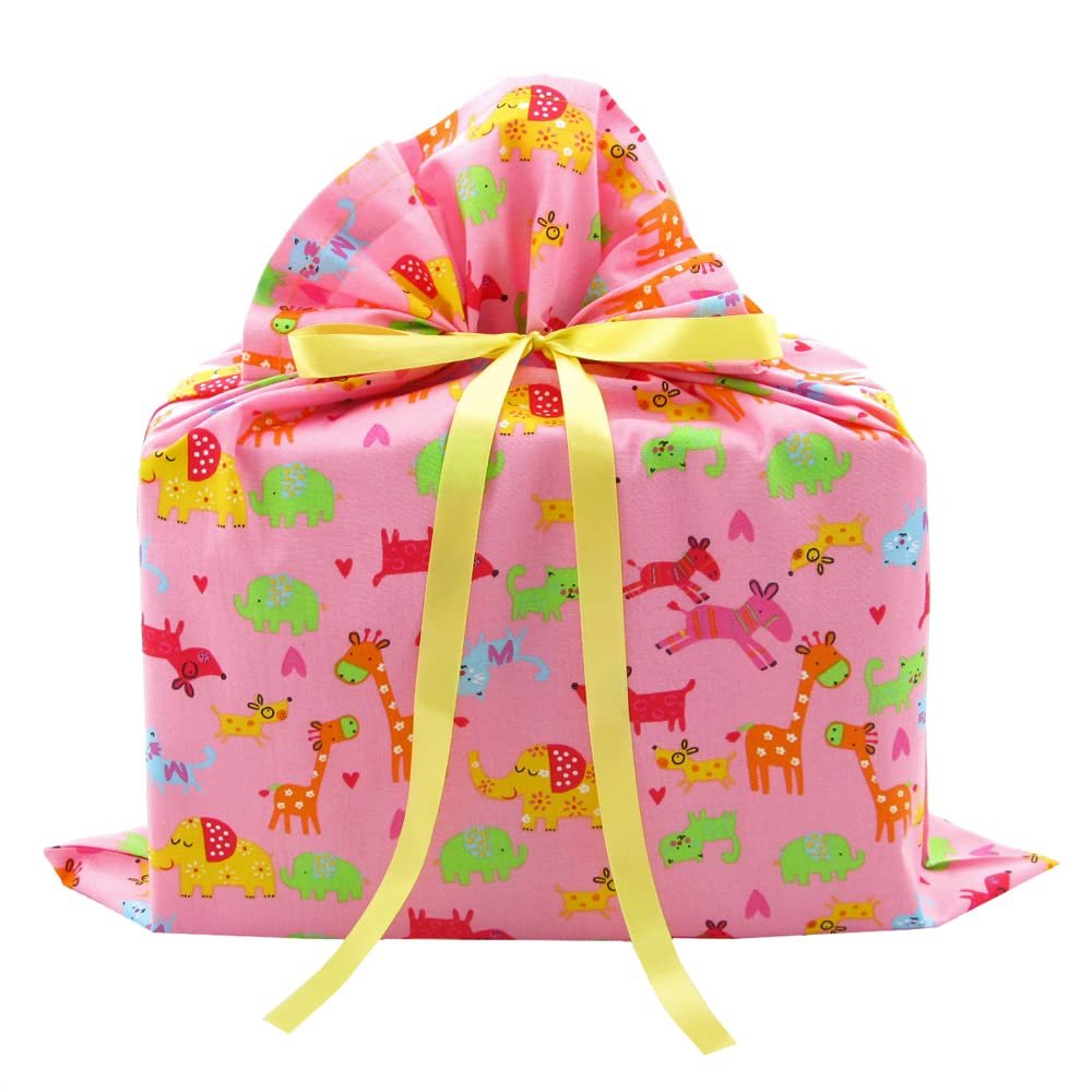VZWraps Momma and Baby Animals Reusable Fabric Gift Bag (Medium 17 Inches Wide by 18 Inches High, Pink)