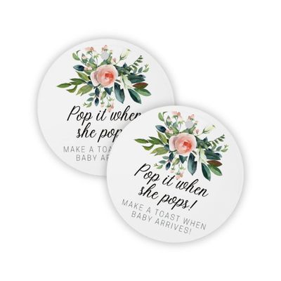 Pop It When She Pops Champagne Tag | 30 Pack | 2.5" inch Circle with Pre-Cut Hole | Baby Shower Party Favor Tag | Floral Design for Baby Shower Party Favor
