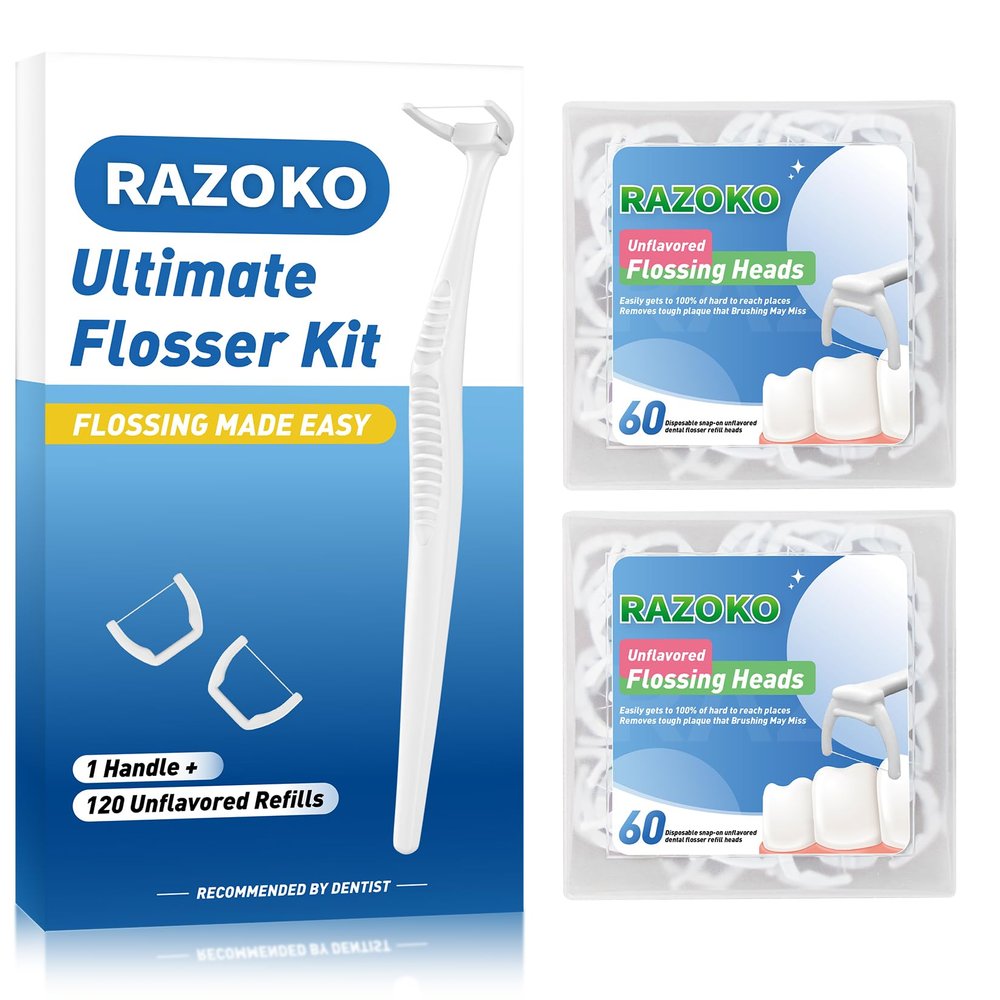 RAZOKO Dental Flosser Kit, Extra Strong Shred-Resistant Floss, for Hard to Reach Areas, PTFE & PFAS Free (1 White Handle + 120 Refills)