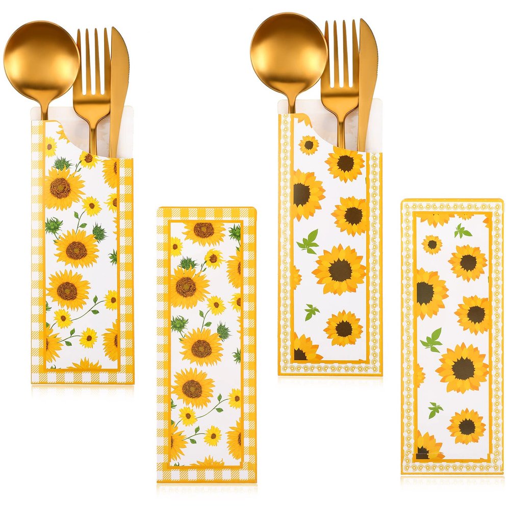 100 Pieces Silverware Bags Sunflower Party Supplies Wedding Silverware Sleeves Sunflower Themed Utensil Holder Paper Silverware Bag Disposable Cutlery Holder for Wedding Sunflower Party Decorations