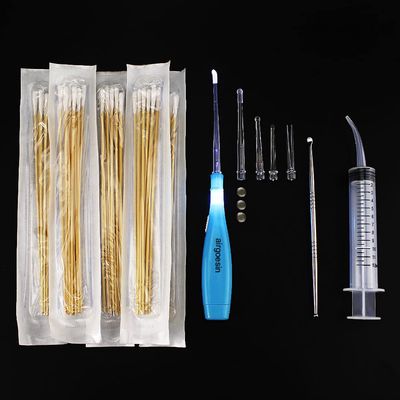 Airgoesin Tonsil Stone Remover, Stainless Steel Tonsil Stone Removal Tool, Long LED Tonsillolith Exorcism Kit, 50 Swabs and Curved Oral Irrigator Syringe to Get Rid of Bad Breath, 4 in 1 kit